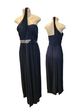 DEB Formal Floor Length Pleated One Shoulder Embellished Evening Gown/Dress Blue
